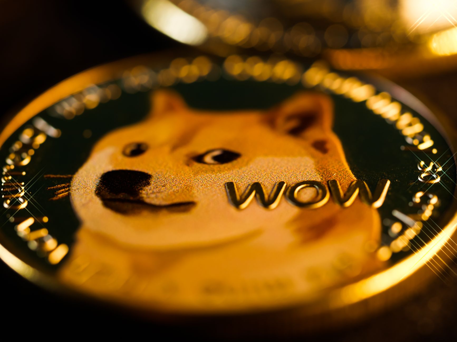 Ilustrasi: Close-up photo of a Dogecoin coin highlighting the 'WOW' text and Shiba Inu image.