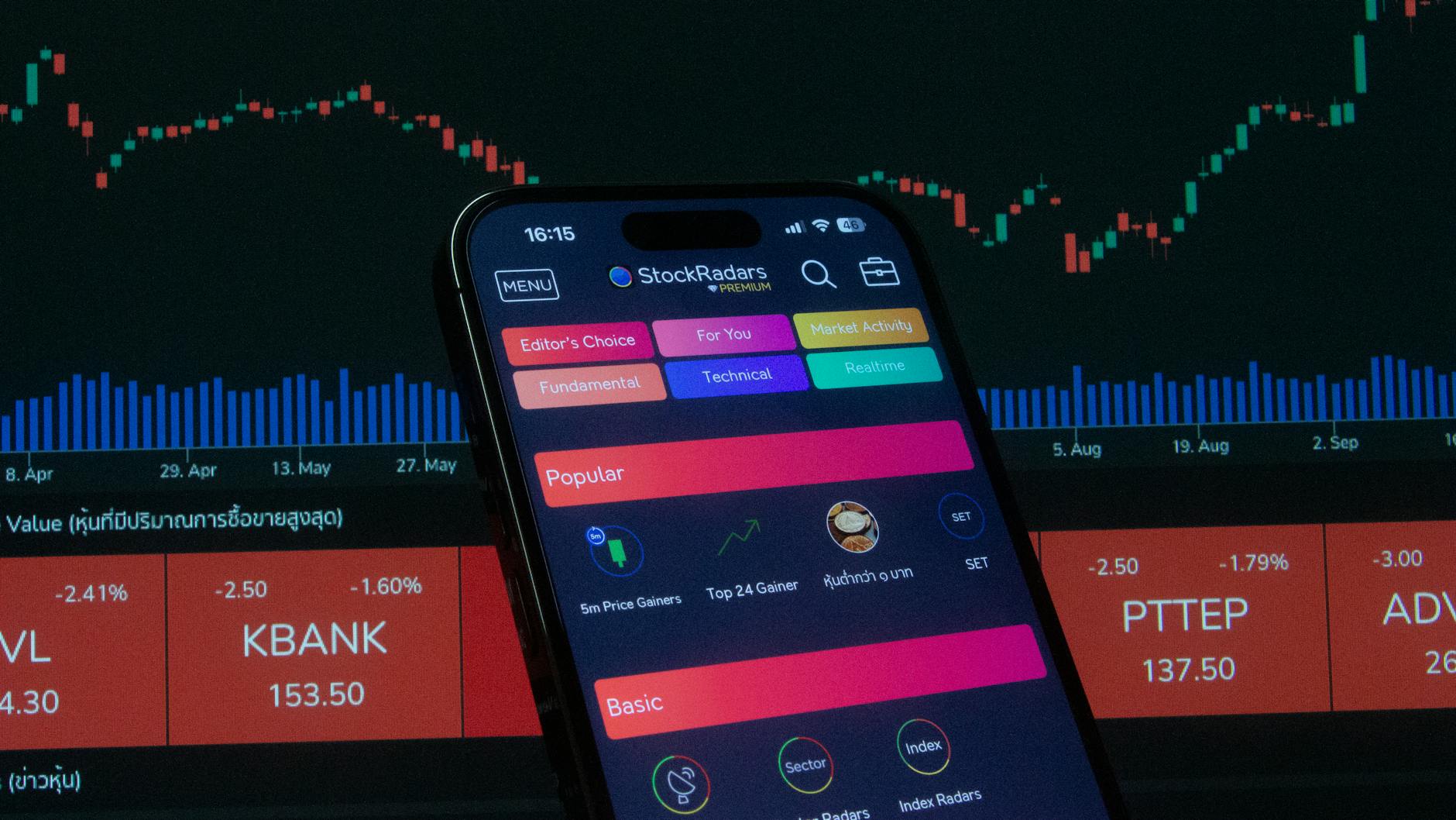 Ilustrasi: Close-up of a smartphone displaying a stock trading app against a backdrop of market charts.